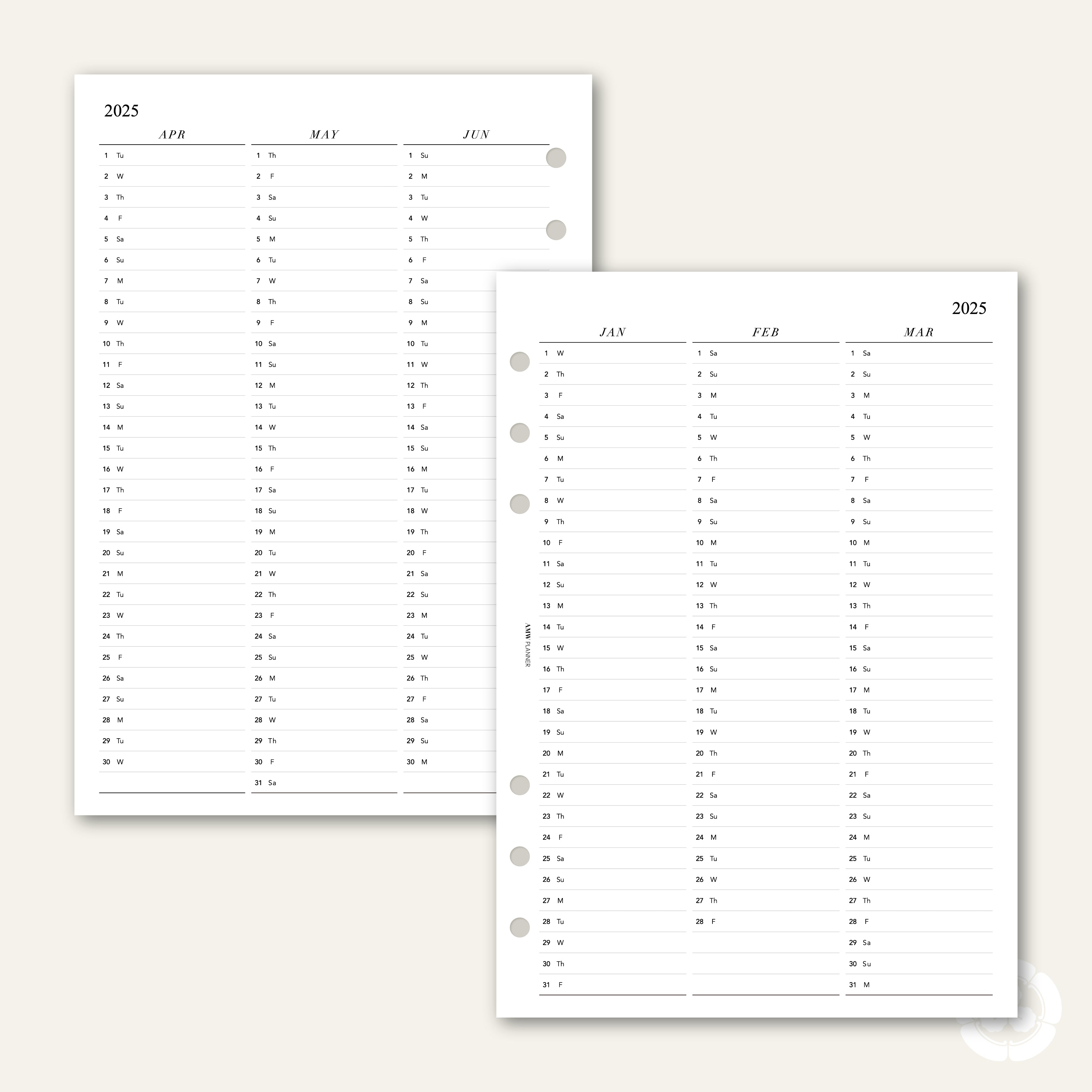 2025 Vertical Calendar | Quarterly | Yearly | Monthly | Planner Inserts