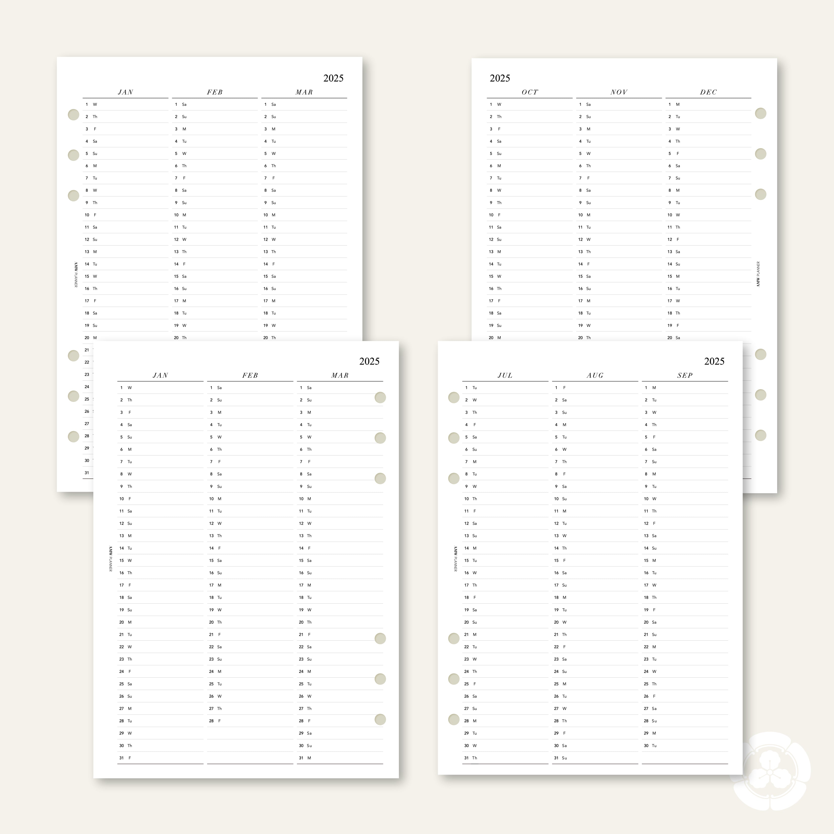 2025 Vertical Calendar | Quarterly | Yearly | Monthly | Planner Inserts