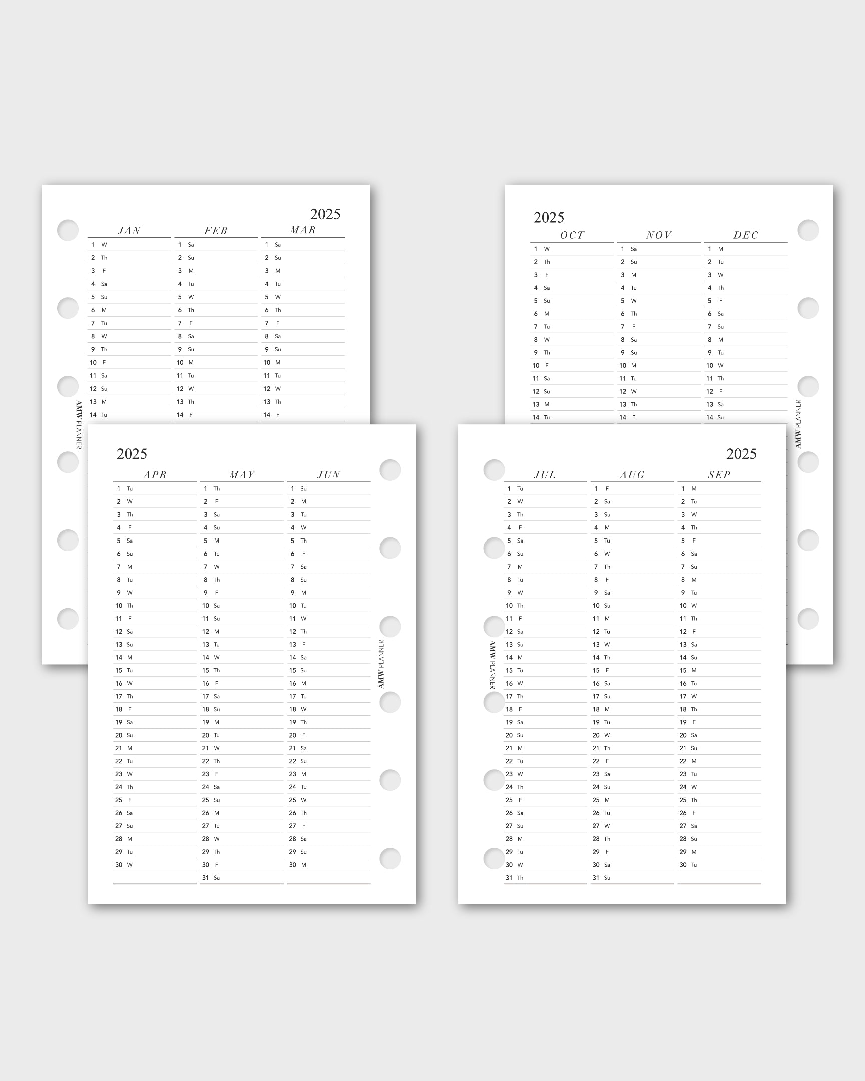 2025 Vertical Calendar | Quarterly | Yearly | Monthly | Planner Inserts