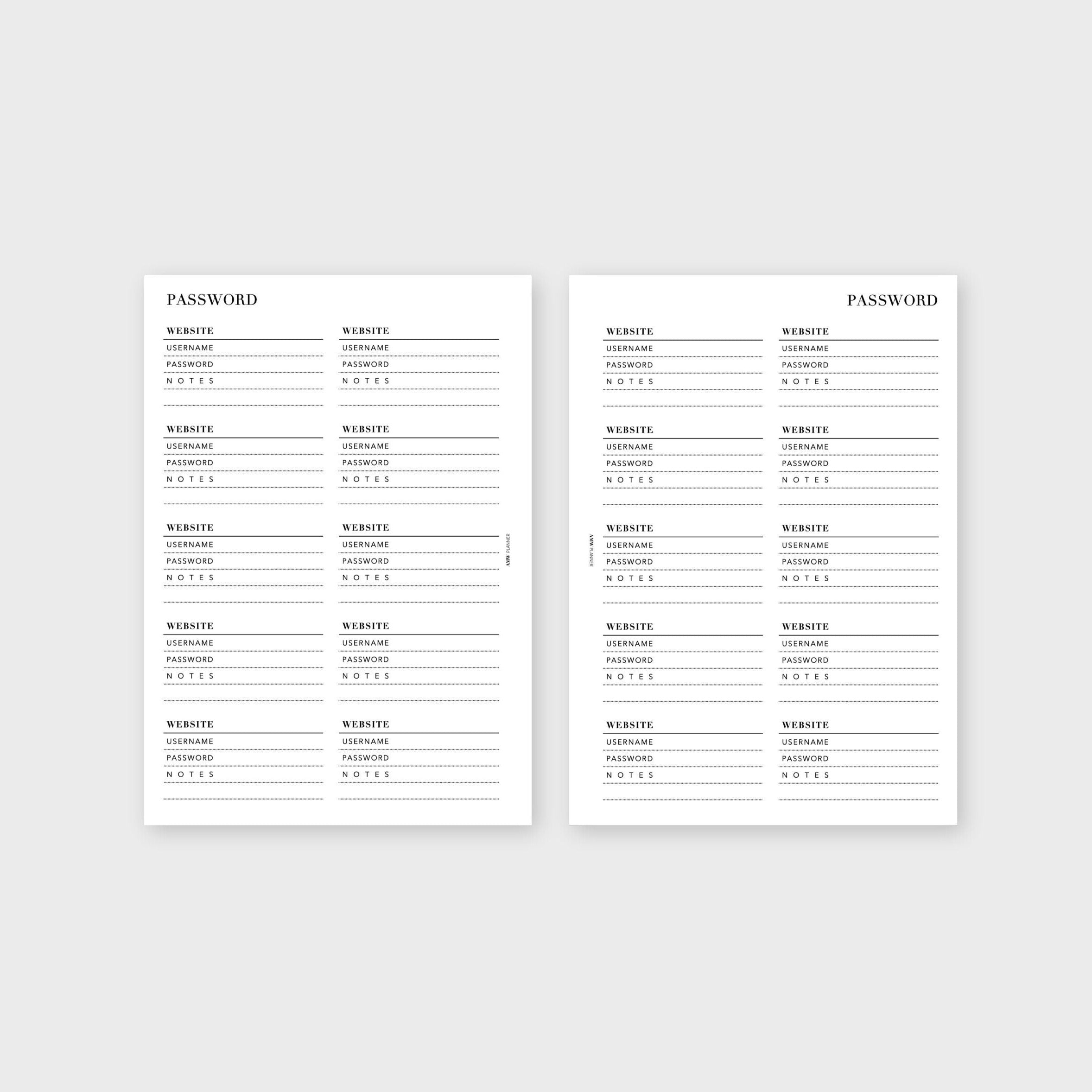 Password Keeper Planner Inserts