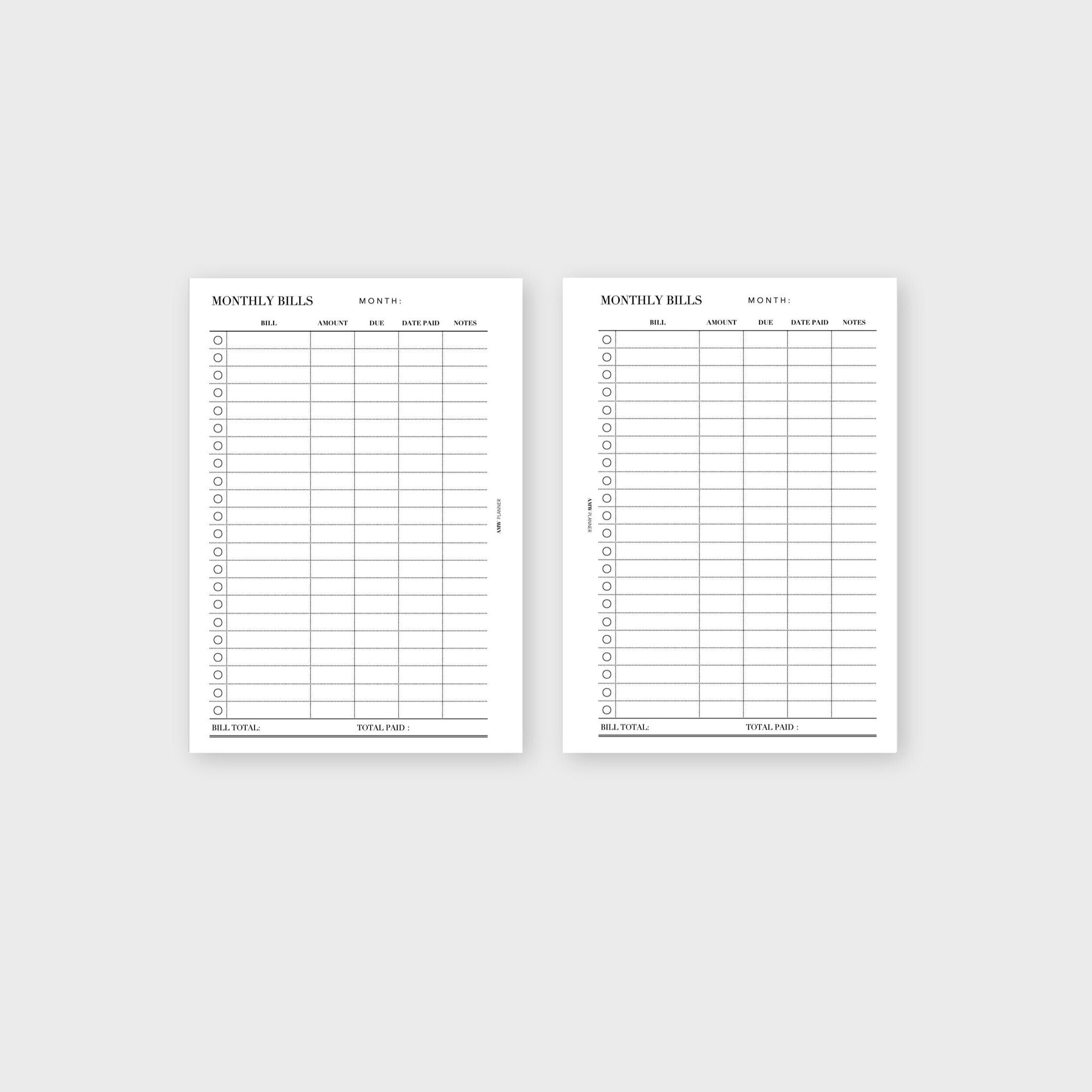 Monthly Bill Tracker Inserts